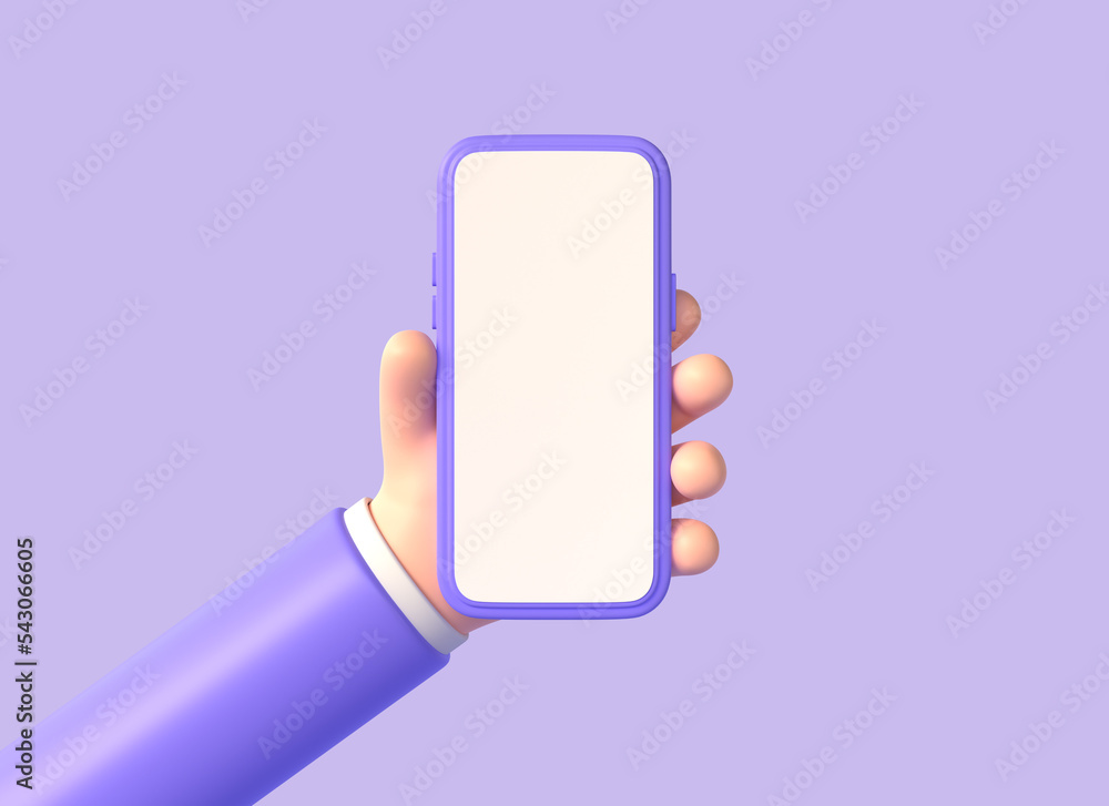 Poster 3d hand holding a mobile phone with a blank screen in cartoon style. smartphone mockup in character 