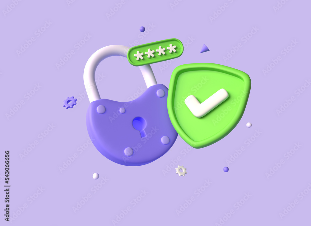 Poster 3d lock and shield with checkmark, password box in cartoon style. concept of security or strong prot