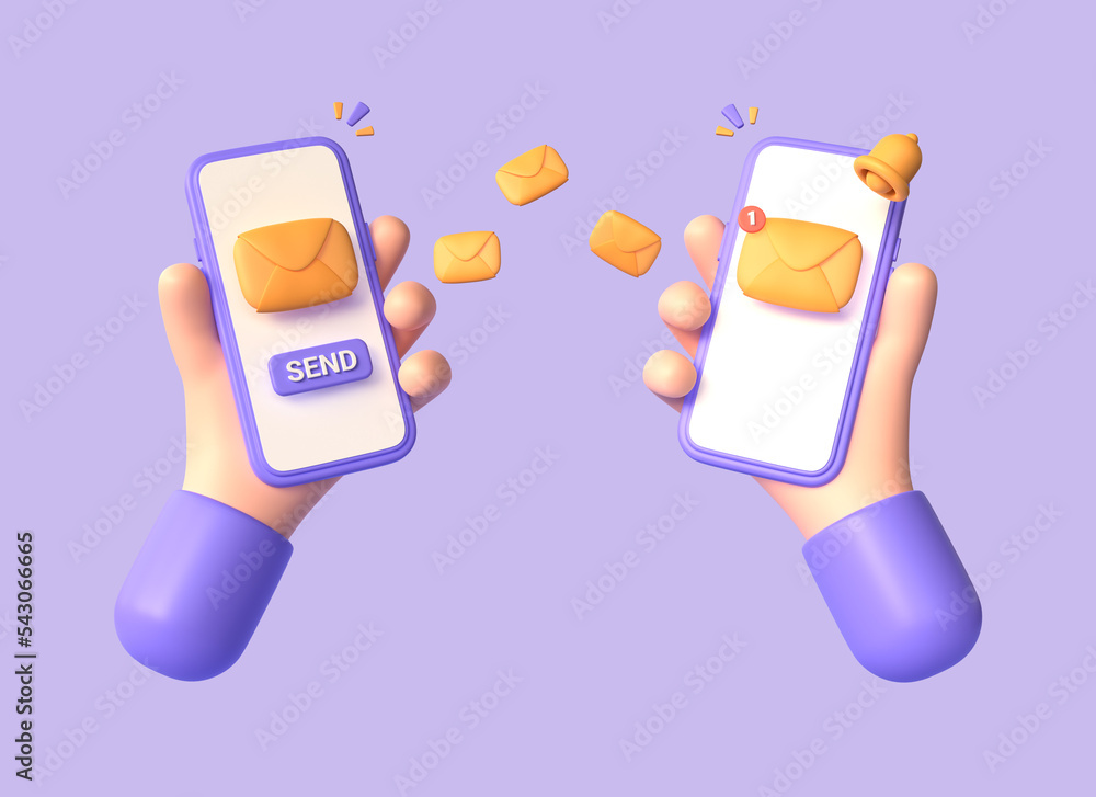 Poster 3d cartoon character hand holding a smartphone with an envelope on the screen and a golden bell in a