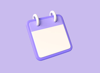 3d calendar in cartoon style. the concept of planning and reminders in the form of notifications of cases or meetings. illustration isolated on purple background. 3d rendering