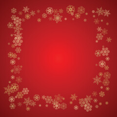 Christmas snowflakes on red background. Glitter frame for seasonal winter banners, gift coupon, voucher, ads, party event. Santa Claus colors with golden Christmas snowflakes. Falling snow for holiday