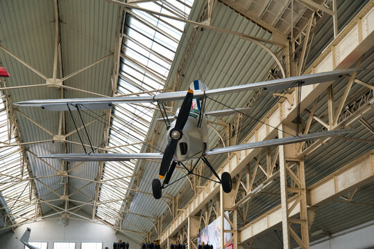 SPEYER, GERMANY - OCTOBER 2022: silver gray grey Bucker Bu 131 Jungmann 1930 basic training aircraft which was used by the Luftwaffe during World War II in the Technikmuseum Speyer