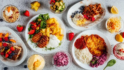 Top view of Kotlet schabowy and regular kotlets with fries surrounded by desserts on a light surface