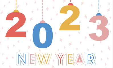 Happy New Year 2023. Christmas Tree Toys Numbers 2023 for poster, banner, greeting card, brochure. Colored numbers and text. Holiday calendar background with sparkles on the background