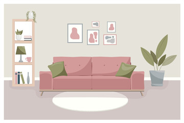 Interior modern living room with bookcase,sofa, houseplant. Home illustration with sofa, lamp, house plants in pots, books on shelves. Flat vector illustration isolated on beige background