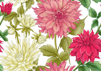 Dahlias flowers, outline and coloured style Seamless pattern, background. Vector illustration. In botanical style
