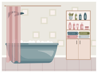 Modern bathroom interior with furniture, tub, faucet, curtain and cupboard. Modern flat design illustration for web site, print, poster, presentation, infographic. Vector illustration in flat style