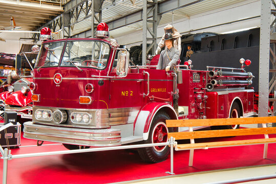 SPEYER, GERMANY - OCTOBER 2022: red MACK PUMPER C75 1961 retro fire truck in the Technikmuseum Speyer