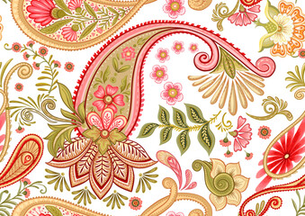Fantasy flowers in retro, vintage, jacobean embroidery style. Paisley seamless pattern, background. Vector illustration.