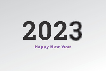 2023 Happy New Year Pixel Style Concept with Numerals Logo and Lettering Where Number Three Appears Pixelized - Black and Purple on Light Background - Mixed Graphic Design
