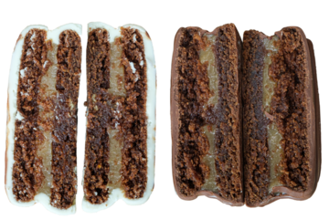 Texture closeup of halved Brazilian honey cakes. Showing its light dough and dulce de leche filling (PNG).