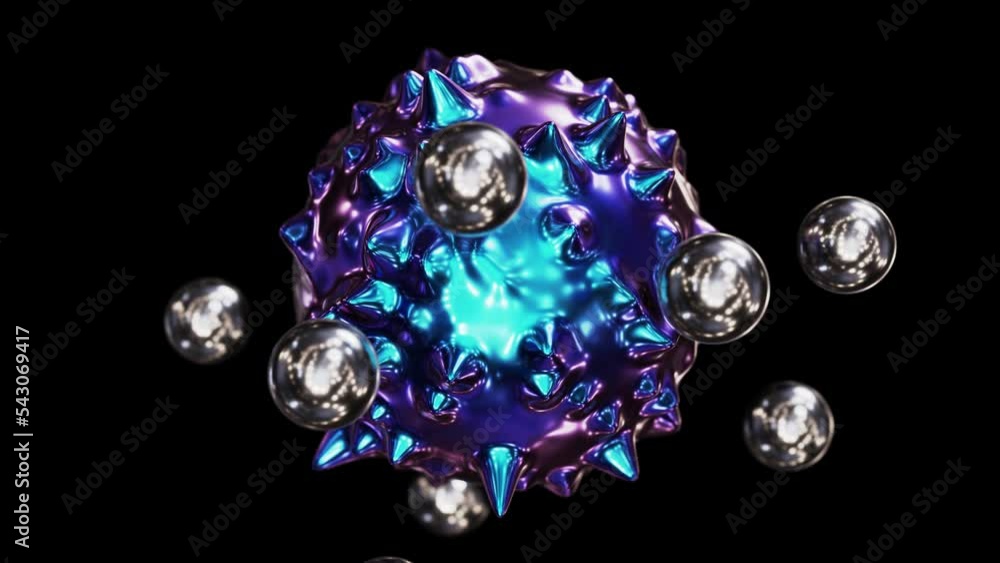 Poster realistic looping 3d animation of the abstract morphing liquid iridescent pearly metal spiky sphere 