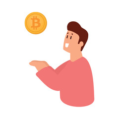 Portrait of happy smiling cartoon character man in pink shirt holding bitcoin isolated over white background. Blockchain and cryptocurrency investment concept.illustration.