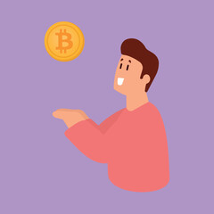 Portrait of happy smiling cartoon character man in pink shirt holding bitcoin isolated over purple background. Blockchain and cryptocurrency investment concept.illustration.