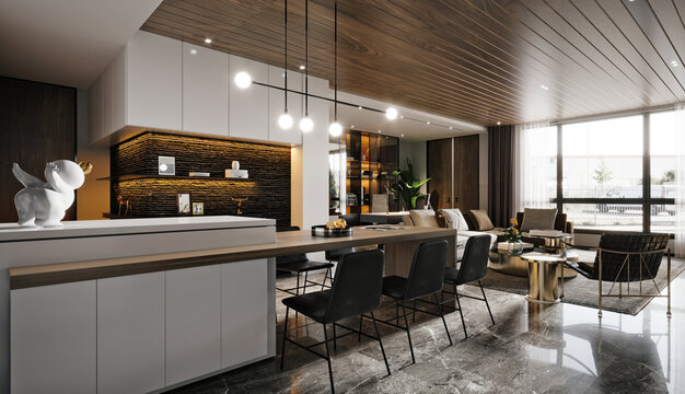 3d render of luxury home interior, living and dining room