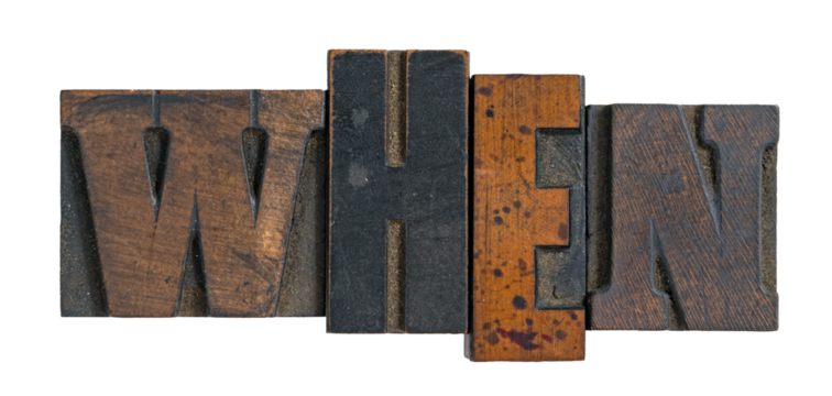 Isolated word when spelled out in wooden vintage letterpress type printing blocks