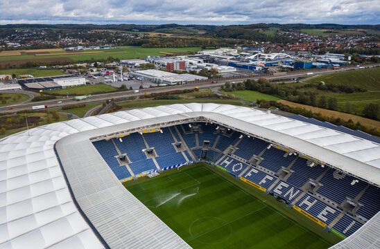 Aerial view of Rhein-Neckar-Arena (PreZero Arena), home stadium for Bundesliga football club TSG 1899 Hoffenheim. Sinsheim, Germany - October 2021	
