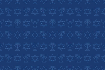 Star of David and Jewish big menorah seamless pattern in simple line style vector illustration