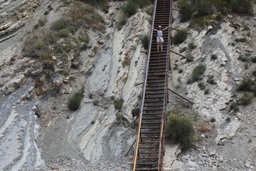 An active energetic woman on a high staircase in the mountains stands on the steps with her hands raised
