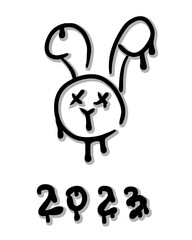 Doodle dripping bunny face and numbers 2023 print. Perfect for tee, sticker, poster. Hand drawn isolated vector illustration for decor and design.
