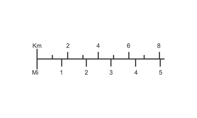 Linear map scale with kilometers and miles ratio. Distance measurement chart for mapwork calculation, navigation, measuring. Cartography graphic element
