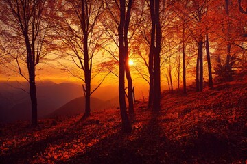 Mooie herfstbomen in het avondbos. Herfst bos bij zonsondergang. 3D-weergave