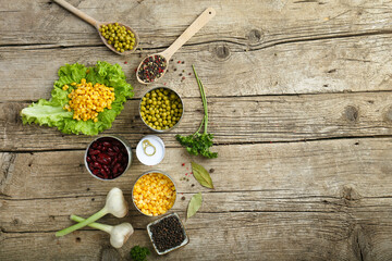 Canned corn, peas, beans