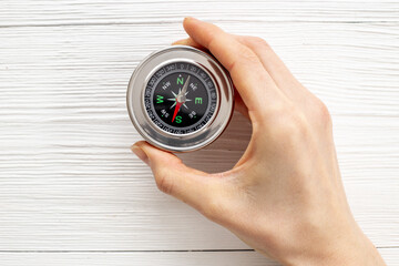 Compass in businessmans hand. Business navigates recovery concept