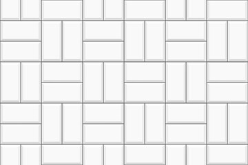 White basket weave tile seamless pattern. Kitchen backsplash, toilet or bathroom floor texture. Outdoor or indoor mosaic decoration. Stone or ceramic brick wall background. Vector flat illustration