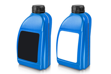 Plastic canister isolated on white background. Blue canister with a black label and a black cap. Mockup of label, brand and packaging design.