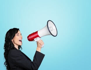 Person using megaphone screaming, discounts concept