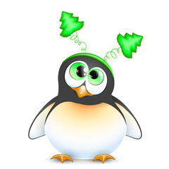 Cute little cartoon funny penguin looking up on his headband with fluffy Christmas trees