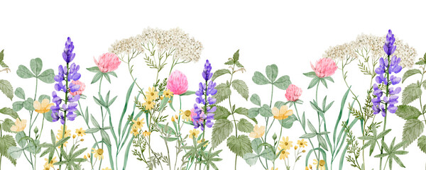 Obraz na płótnie Canvas Watercolor seamless floral border with wildflowers