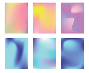 Y2K holographic gradient set. Iridescent aura pastel rainbow mesh backgrounds. Soft blurry pink, blue and mint textures for social media templates and other graphic designs. Vector illustration