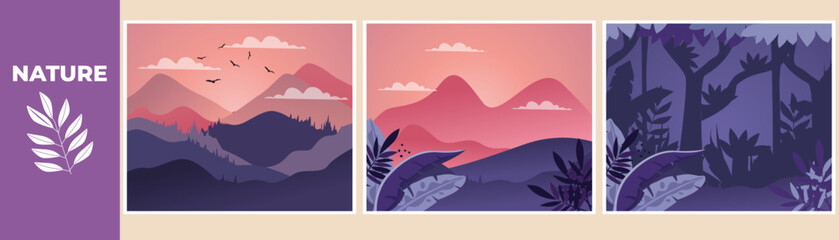Fototapeta na wymiar Mountains and Jungle in the form of silhouettes. Mountain landscape set concept. Colored flat graphic vector illustration isolated.