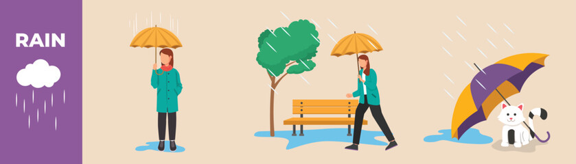 Woman with rain coat holding umbrella and walking and cat under the umbrella. Monsoon season equipment set concept. Colored flat graphic vector illustration isolated. © klikline