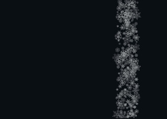 Silver snowflakes frame on black background. Horizontal shiny Christmas and New Year frame for gift certificate, ads, banners, flyers. Falling snow with glitter silver snowflakes for party invite