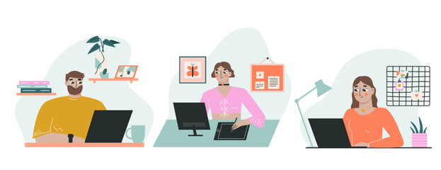 Set of freelance people working on a laptop at home. The concept of freelancing and remote work. Vector illustration