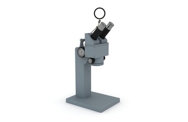 Realistic microscope. 3d chemistry, medicine instrument, microbiology magnification instrument. Science, chemistry and discovery icon. 3d rendering, laboratory microscope.