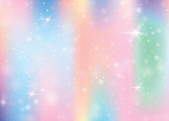Fairy background with rainbow mesh.  Cute universe banner in princess colors. Fantasy gradient backdrop with hologram. Holographic fairy background with magic sparkles, stars and blurs.