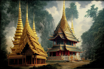 Tempel in Thailand Buddhismus Glaube Siam Tempelanlage Graphic Illustration 3D AI Digital Art Kunst