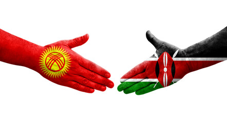 Handshake between Kenya and Kyrgyzstan flags painted on hands, isolated transparent image.