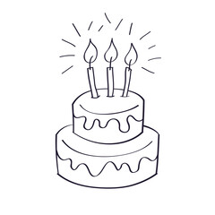 Big birthday cake gift with three candles cartoon doodle line icon isolated vector illustration