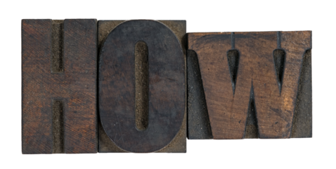 Isolated word how spelled out in wooden letterpress vintage wood type printing blocks