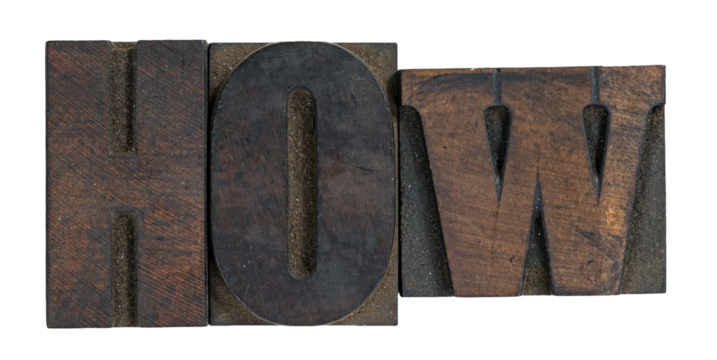 Isolated word how spelled out in wooden letterpress vintage wood type printing blocks