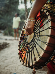 Indigenous woman hand with bracelet holding a percussion music instrument in tropical garden with black man in the blurry background 