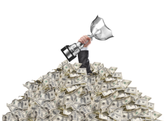 hand of a man stuck in a pile of money holding a cup trophy above the surface