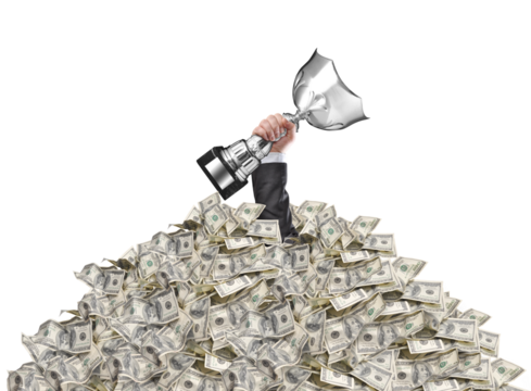 hand of a man stuck in a pile of money holding a cup trophy above the surface
