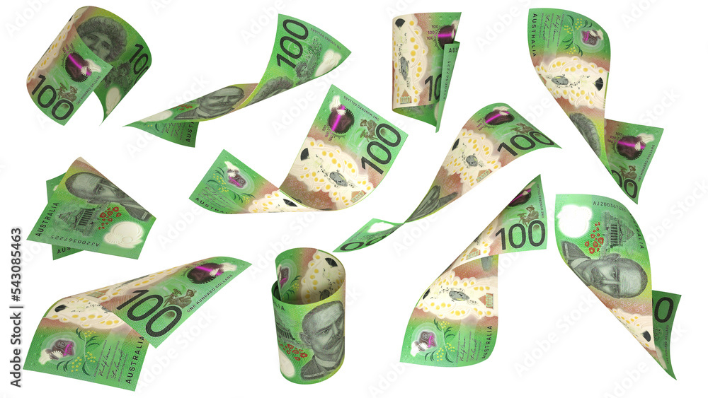 Aufkleber 3D rendering of 100 Australian dollar notes flying in different angles and orientations isolated on white background