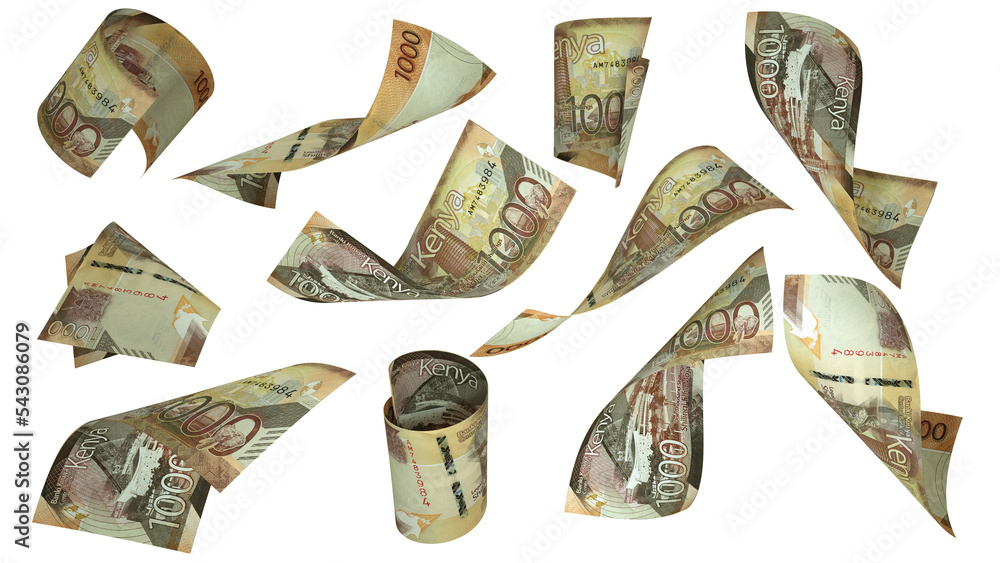 Fototapete 3d rendering of 1000 kenyan shilling notes flying in different angles and orientations isolated on w